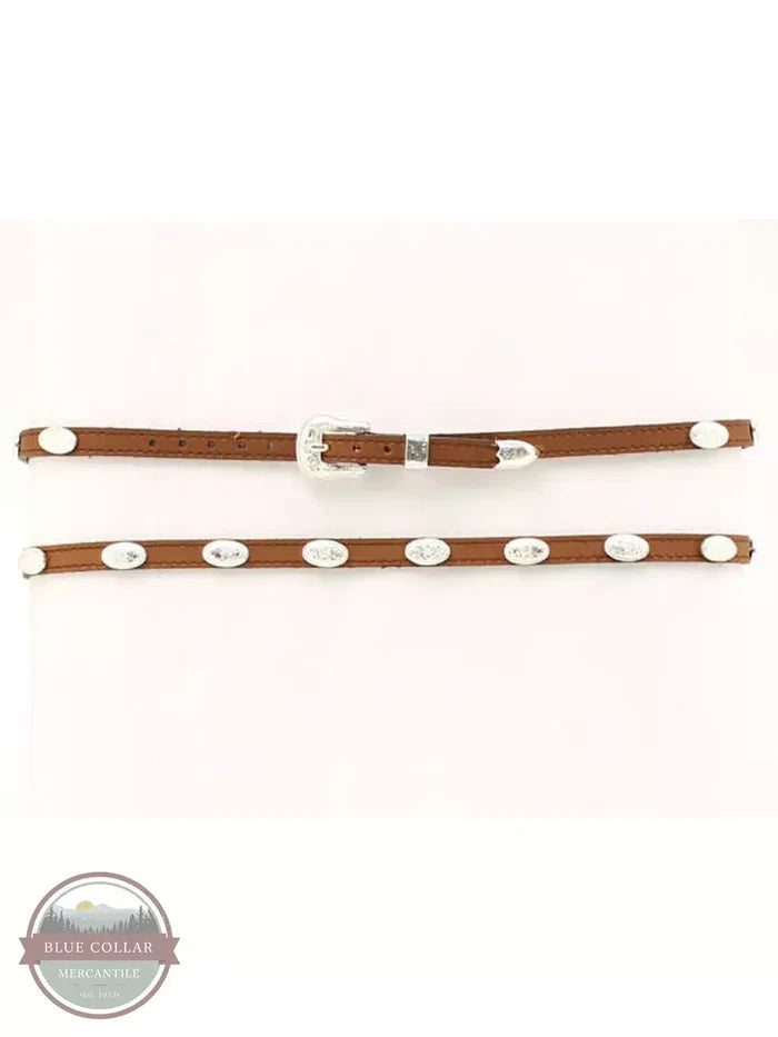 M & F 0237444 3/8 Genuine Brown Leather Hatband with Silver Conchos Front View