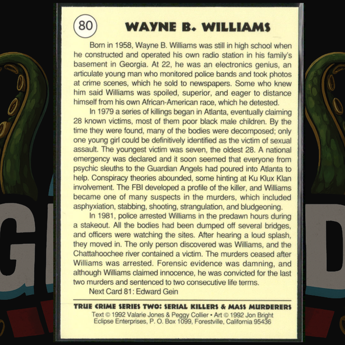1992 Eclipse True Crime Card 80 Wayne B Williams