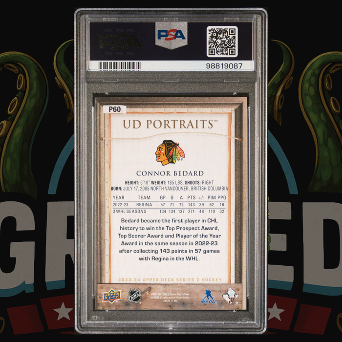 2023 Upper Deck Series 2 Portraits Card P60 Connor Bedard Chicago Blackhawks PSA 10