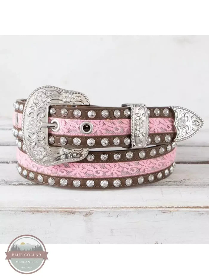 Ariat A1305030 Girl's Pink Floral Lace Belt with Studs Front View