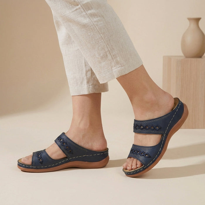 Orthopaedic double strap laser-cut sandals in Navy Blue, front view