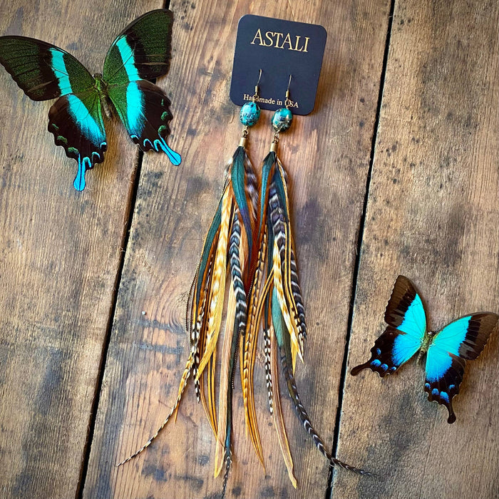 Astali Earrings-FREEBIRDS COLLECTION: Turquoise & Feather-Cree Mix