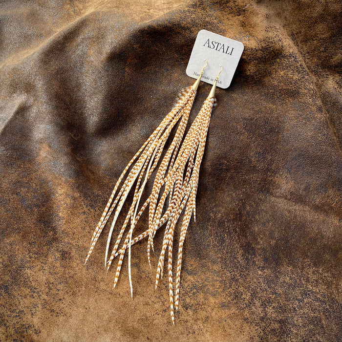 Astali Earrings-Long Feather & Cone-Ginger Grizzly/Gold, Western