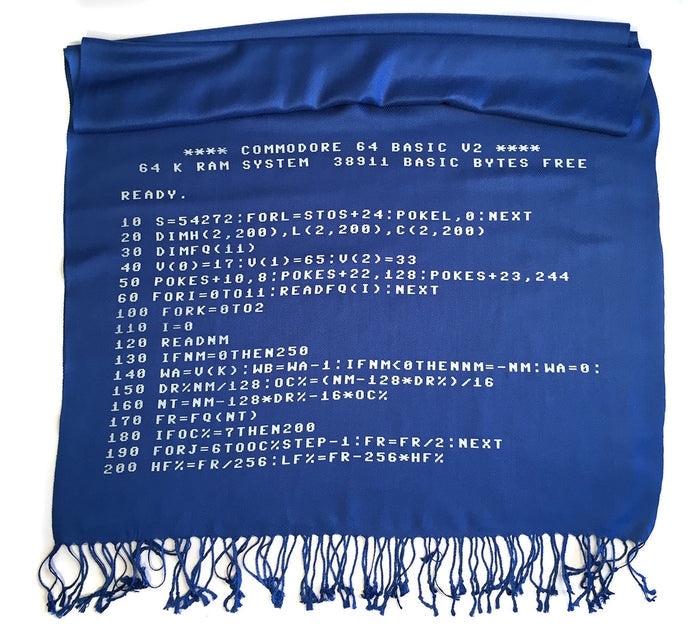 blue c64 scarf, computer code pashmina