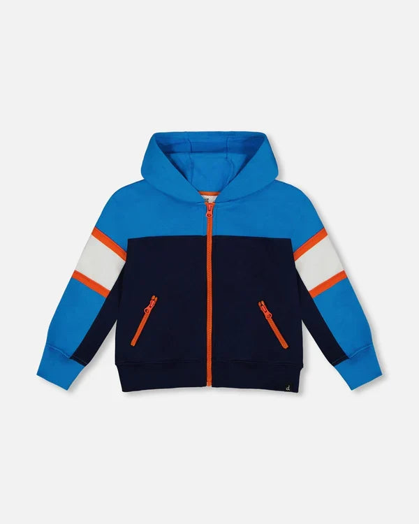 Deux Par Deux French Terry Color Block Full Zip Hoodie Cardigan Sweatshirt - Peacoat/Navy