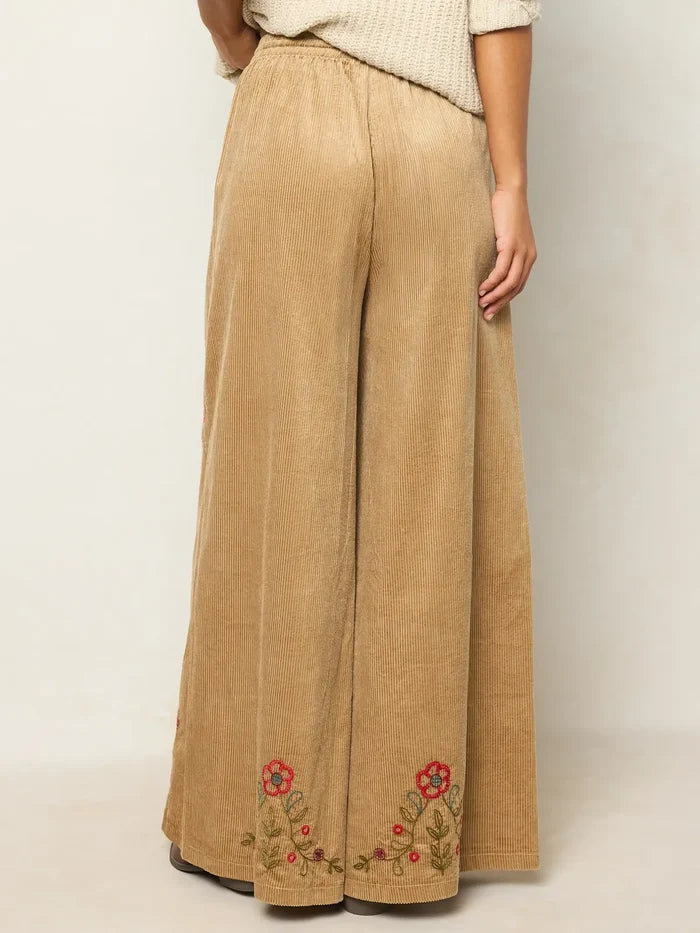 Embroidered Corduroy Wide Leg Pants - Folklore Stitches Tan-view 3