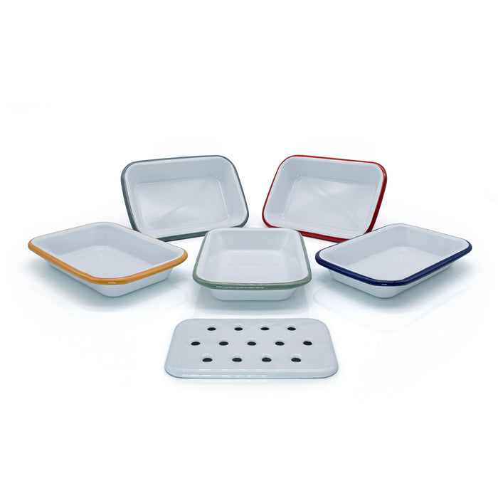 Set of rectangular enamel soap dishes, each with a different coloured rim.