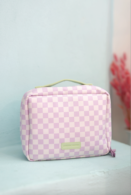 Pink checkered cosmetic bag with handle, durable material, stylish and functional for travel.