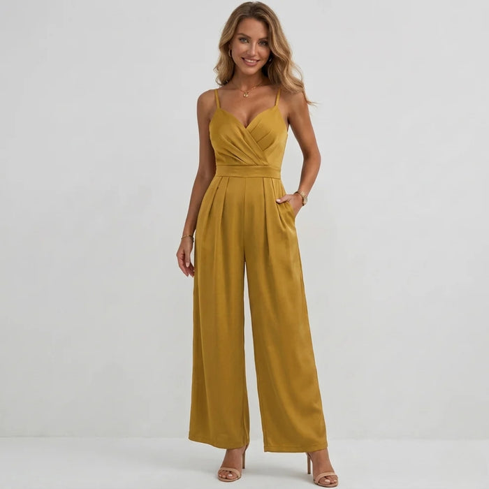 High waisted wide-leg party jumpsuit, back view showing spaghetti straps