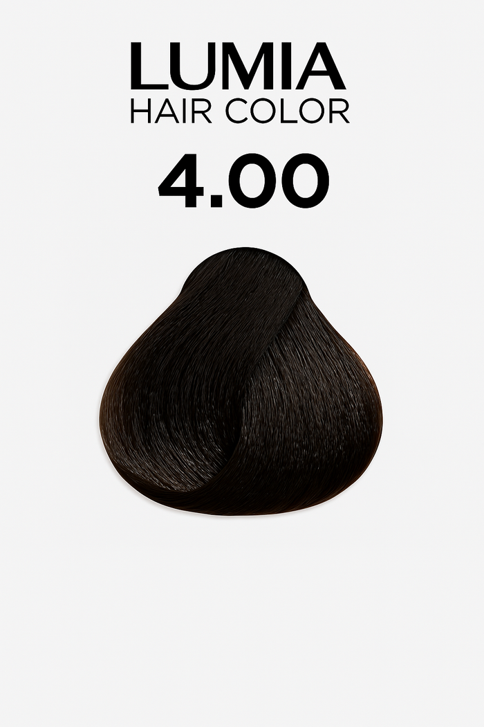 BROWN hair color swatch with 'LUMIA' branding and shade number '4.00' on a white background.
