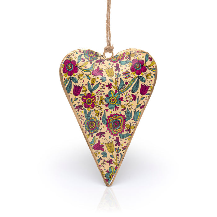 Namaste cream hanging heart ornament with green, red and yellow flowers.