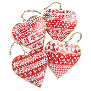 Four red and white Namaste Nordic Christmas heart dangles. With snowflakes, Christmas trees and fair isle decoration.