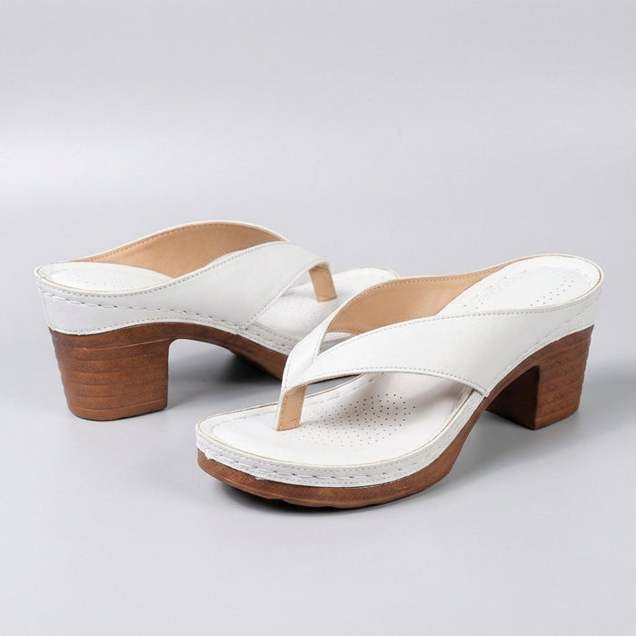Block heel thong sandals with platform sole in White, side view