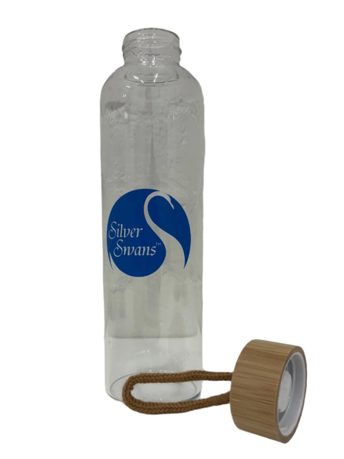 Silver Swans logo glass/bamboo drink bottle