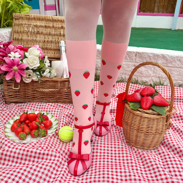 Strawberry Mock Sock Tights - Pink