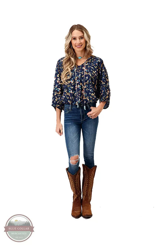 Roper 03-050-0590-7081 BU V-Neck Raglan Quarter Sleeve Blouse in Navy Feather Foliage Print Full View