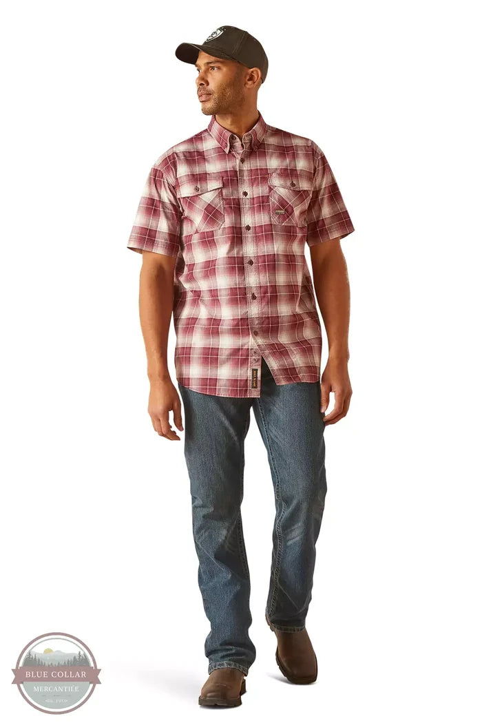 Ariat 10048892 Rebar Made Tough DuraStretch Work Shirt in Roan Rouge Plaid Full View