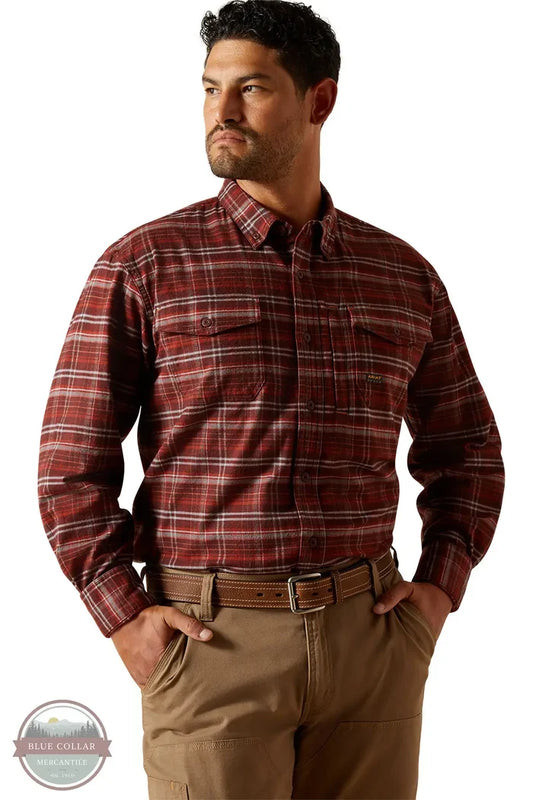 Ariat 10062522 Rebar Flannel DuraStretch Plaid Long Sleeve Shirt in Red, front