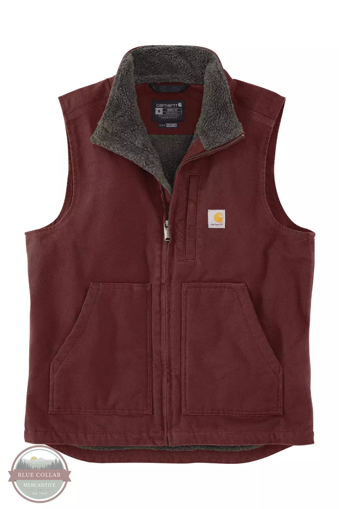 Carhartt 104277 Loose Fit Washed Duck Sherpa Lined Mock Neck Vest Burgundy Front View