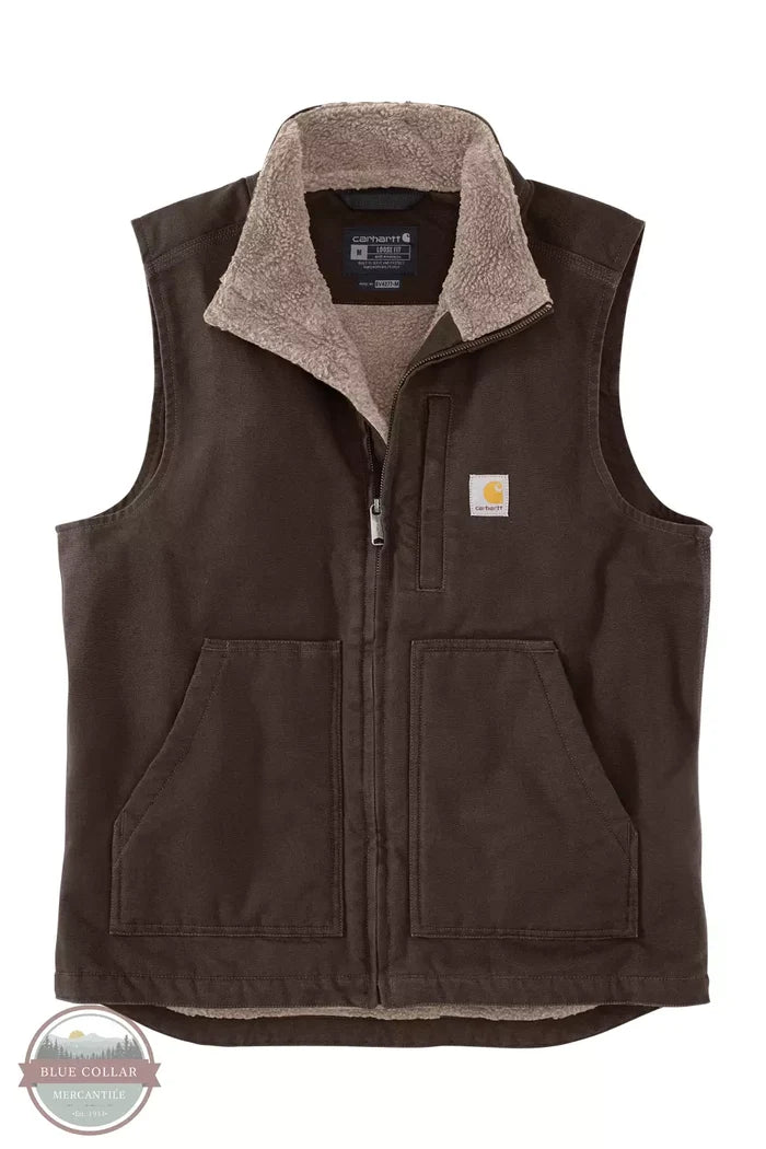 Carhartt 104277 Loose Fit Washed Duck Sherpa Lined Mock Neck Vest Dark Brown Front View