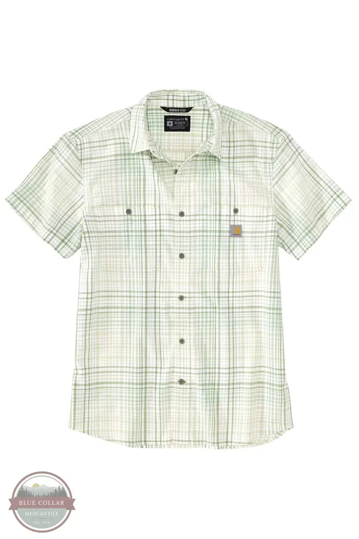 Carhartt 106139 Rugged Flex Relaxed Fit Lightweight Short Sleeve Plaid Shirt Tender Greens Front View