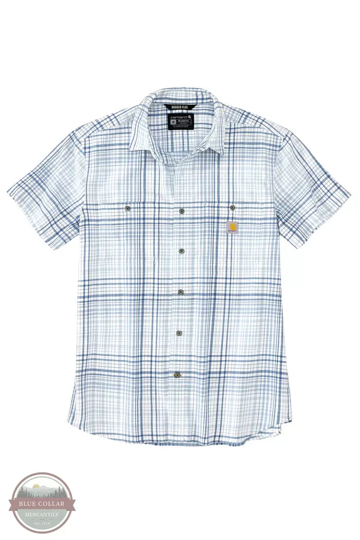 Carhartt 106139 Rugged Flex Relaxed Fit Lightweight Short Sleeve Plaid Shirt Fog Blue Front View