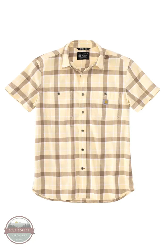 Carhartt 106139 Rugged Flex Relaxed Fit Lightweight Short Sleeve Plaid Shirt Golden Mist Front View
