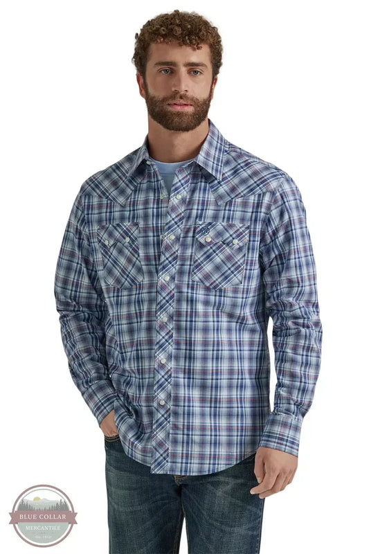 Wrangler 112346237 Blue Plaid Modern Fit Shirt Front View