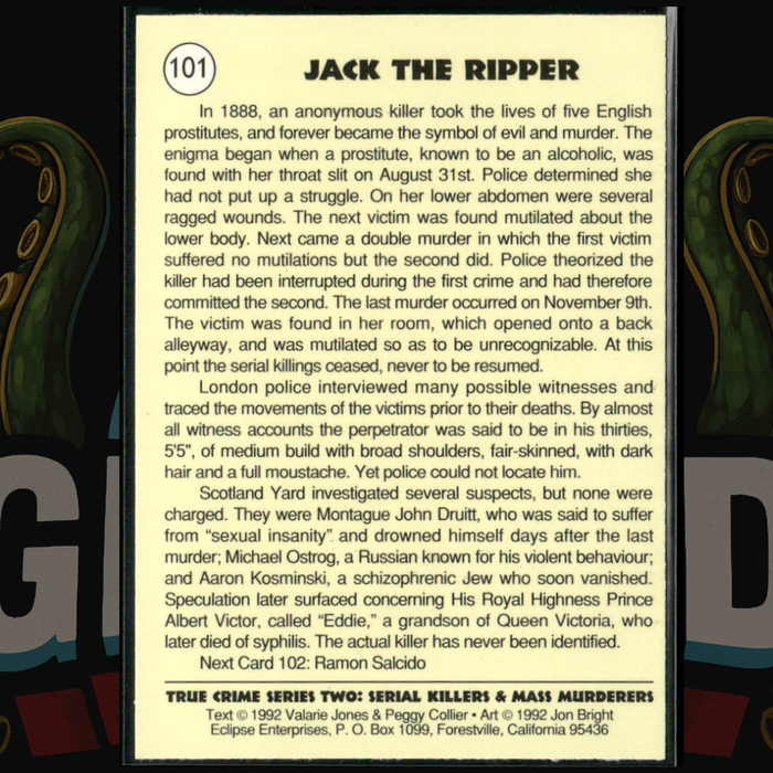1992 Eclipse True Crime Card 101 Jack The Ripper