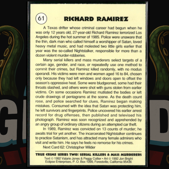1992 Eclipse True Crime Card 61 Richard Ramirez