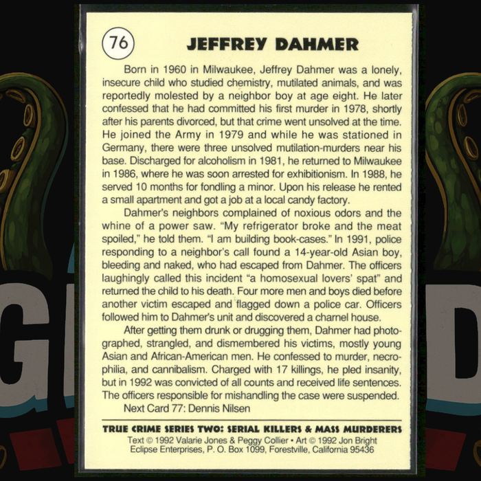 1992 Eclipse True Crime Card 76 Jeffrey Dahmer