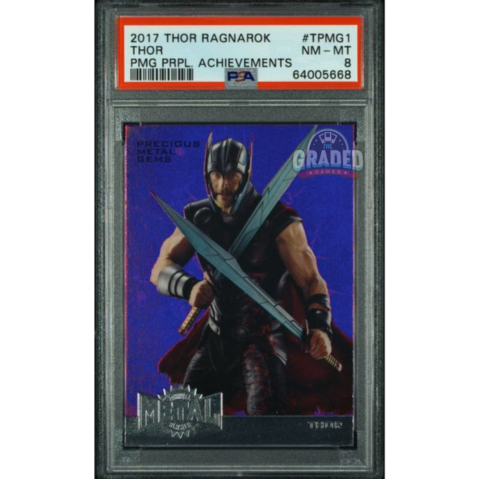 2018 UD Thor Ragnarok Precious Metal Gems Purple Achievements Card TPMG1 Thor PSA 8