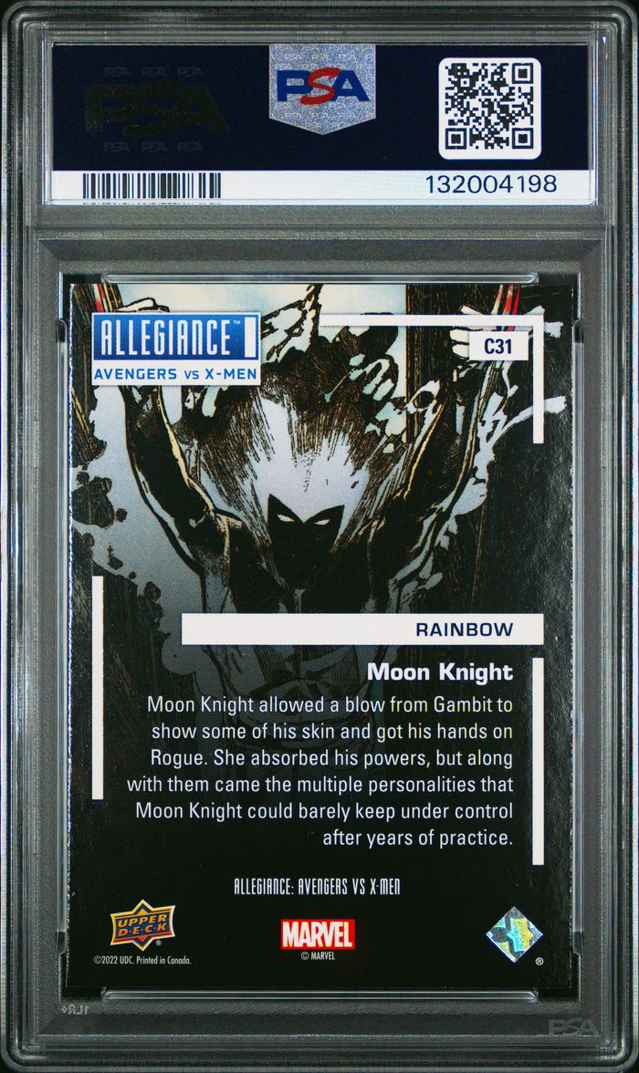 2023 Upper Deck Marvel Allegiance Avengers vs X-Men Card C31 Moon Knight Rainbow PSA 9