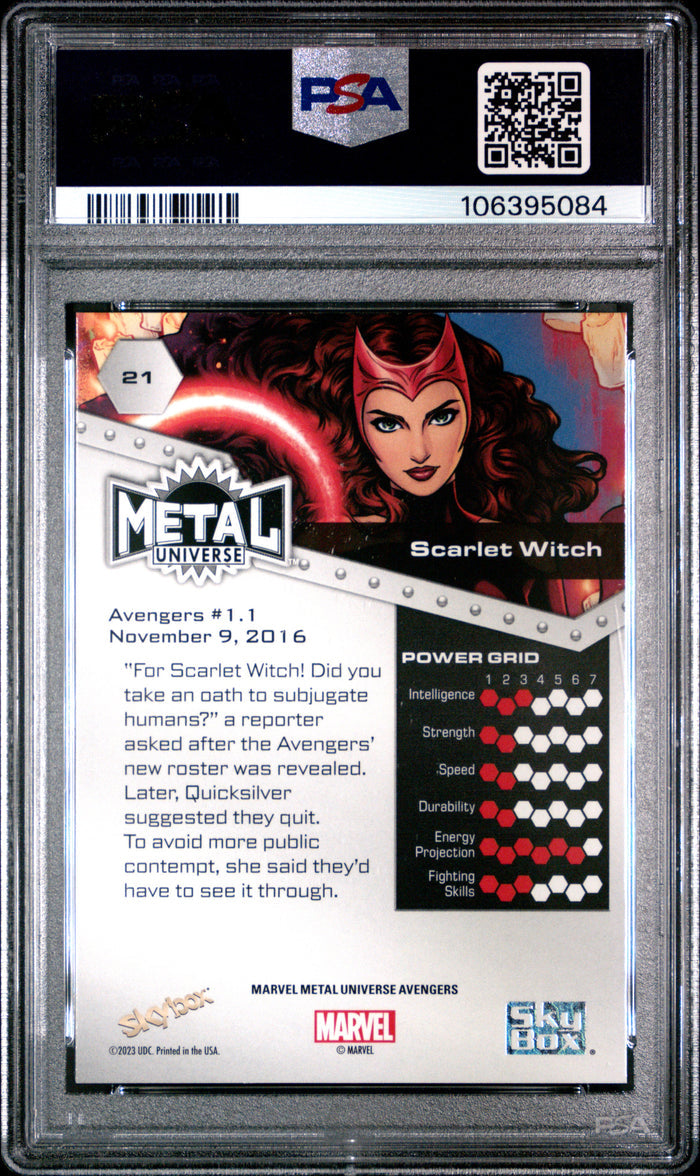 2024 UD Marvel Metal Universe Avengers Card 21 Scarlet Witch Spectrum FX PSA 10