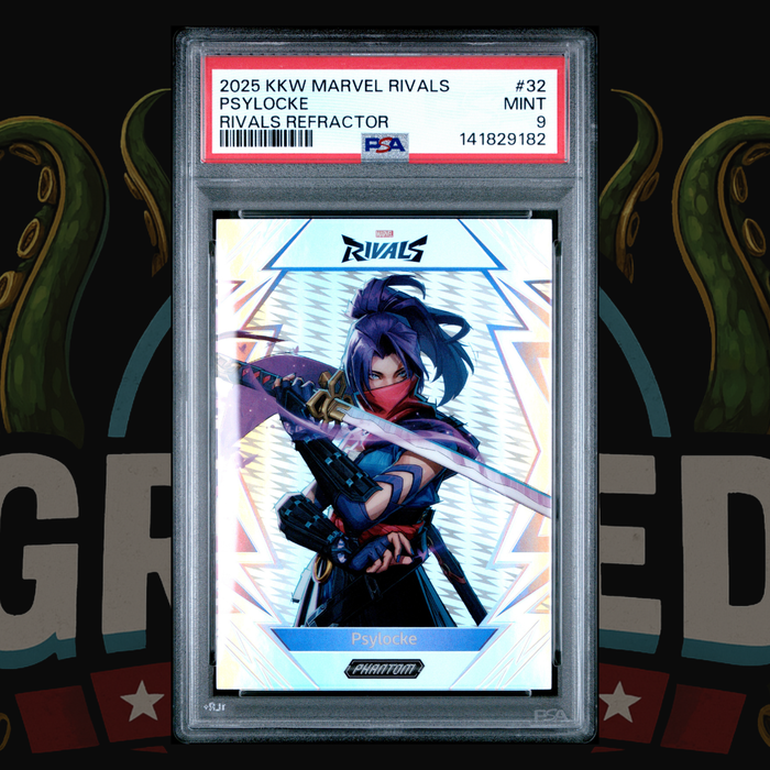 2025 Kakawow Phantom Marvel Rivals Card 32 Psylocke Silver Refractor PSA 9