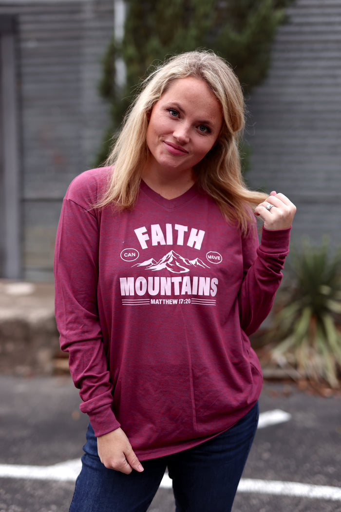 Maroon long sleeve shirt with 'Faith Can Move Mountains' graphic, soft cotton material, perfect for casual wear.