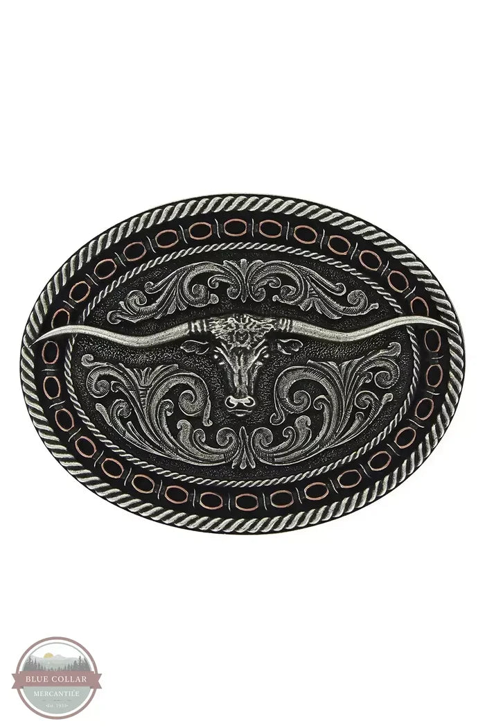 Montana Silversmiths A742 Two Tone Antiqued Round Barbed Longhorn Attitude Buckle Front View