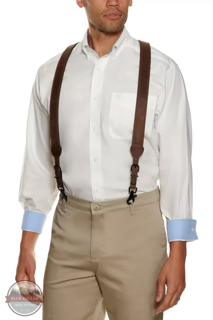 Ariat A850000144 Gallus Distressed Suspenders in Medium Brown Front View
