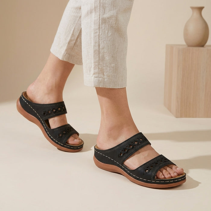 Orthopaedic double strap laser-cut sandals in Black, front view