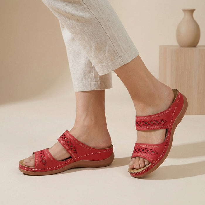 Orthopaedic double strap laser-cut sandals in Red, front view