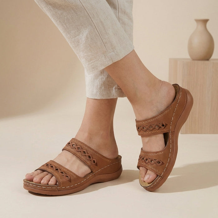 Orthopaedic double strap laser-cut sandals in Brown, front view
