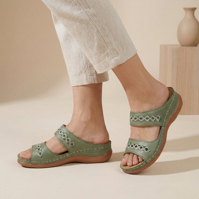 Orthopaedic double strap laser-cut sandals in Green, front view