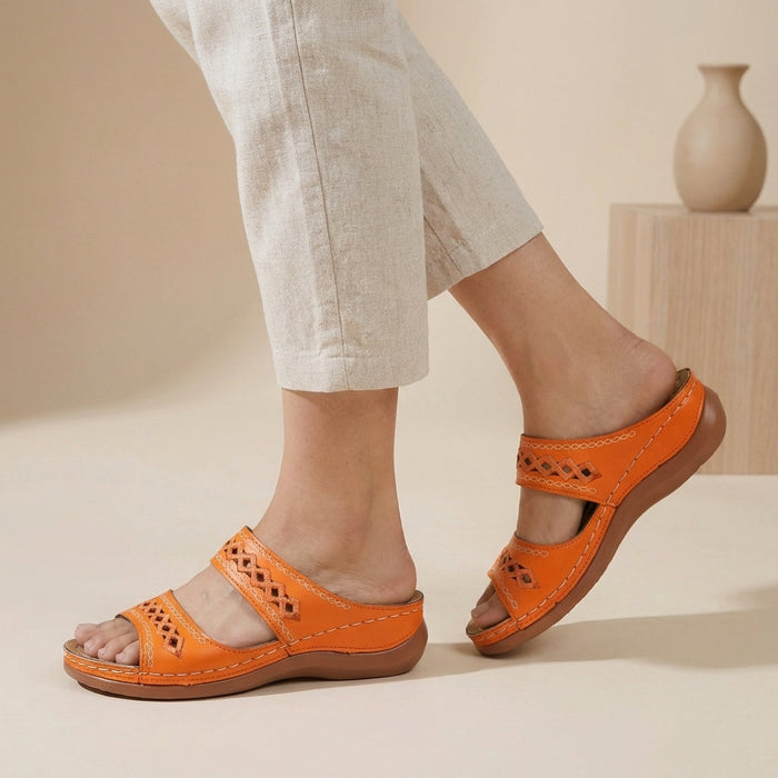 Orthopaedic double strap laser-cut sandals in Orange, front view