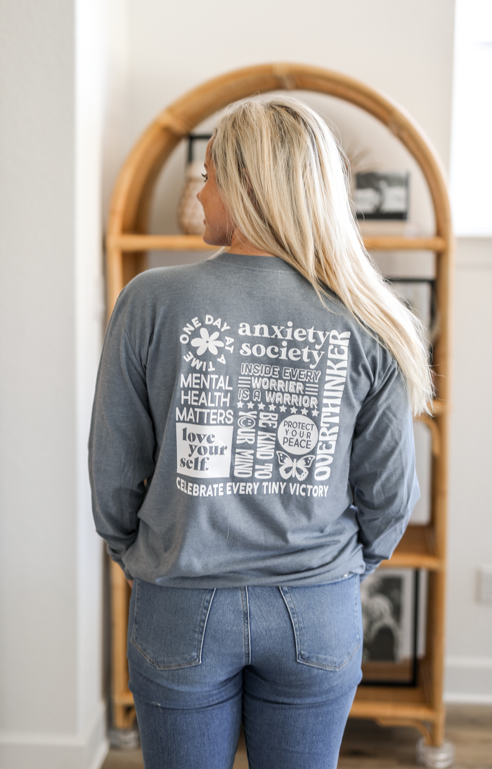 Anxiety Society Collage (Blue Jean Heather) - Long Sleeve / Crew