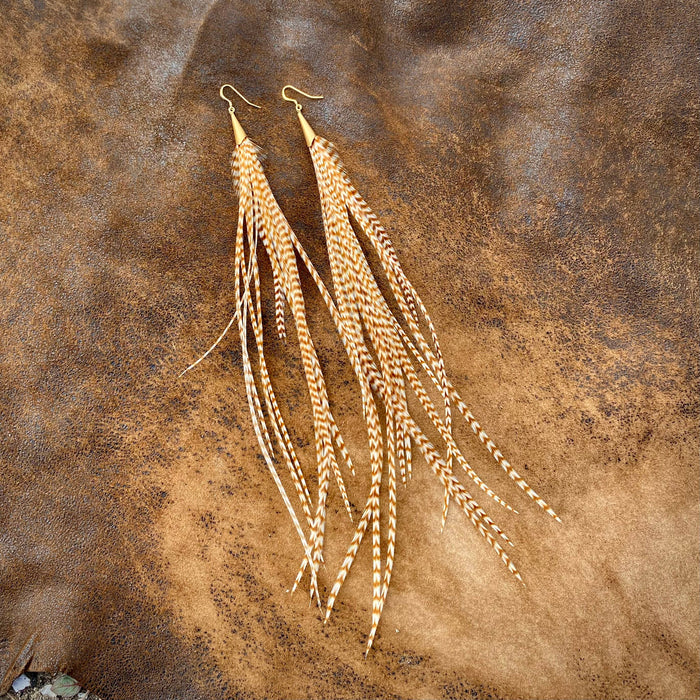 Astali Earrings-Long Feather & Cone-Ginger Grizzly/Gold, Western