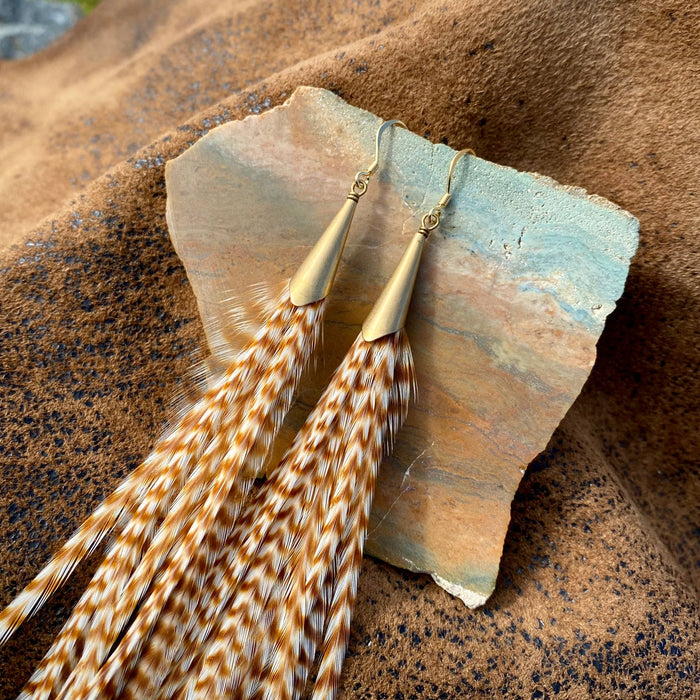 Astali Earrings-Long Feather & Cone-Ginger Grizzly/Gold, Western