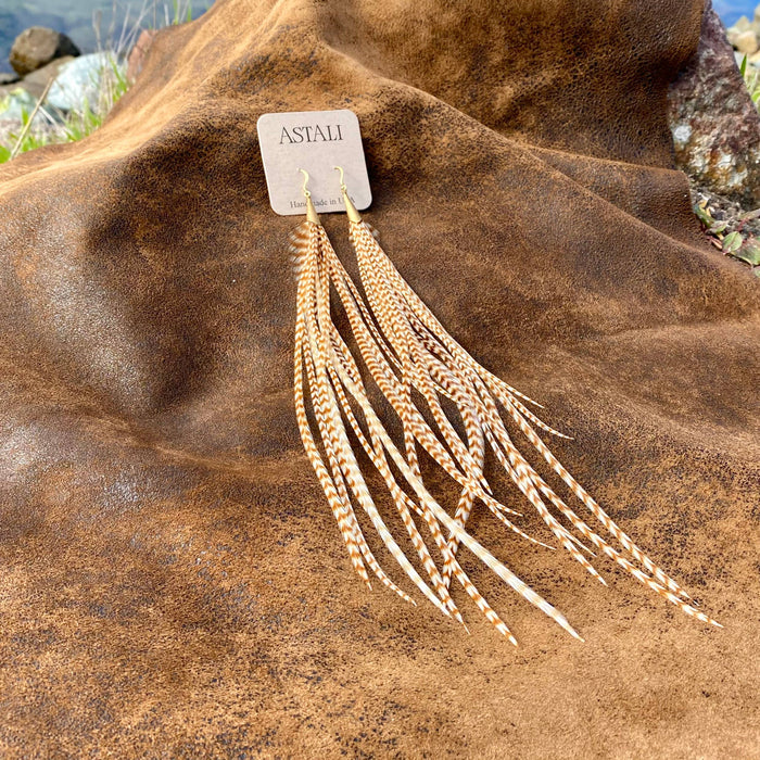 Astali Earrings-Long Feather & Cone-Ginger Grizzly/Gold, Western
