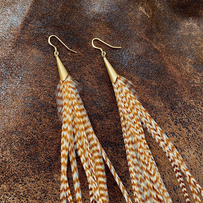 Astali Earrings-Long Feather & Cone-Ginger Grizzly/Gold, Western