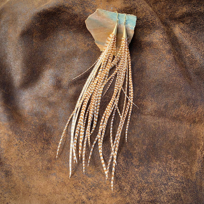 Astali Earrings-Long Feather & Cone-Ginger Grizzly/Gold, Western