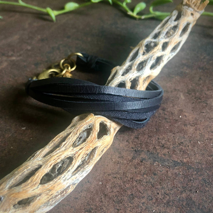 Astali Leather 7-Strand Bracelet-Black & Brass, Boho Western